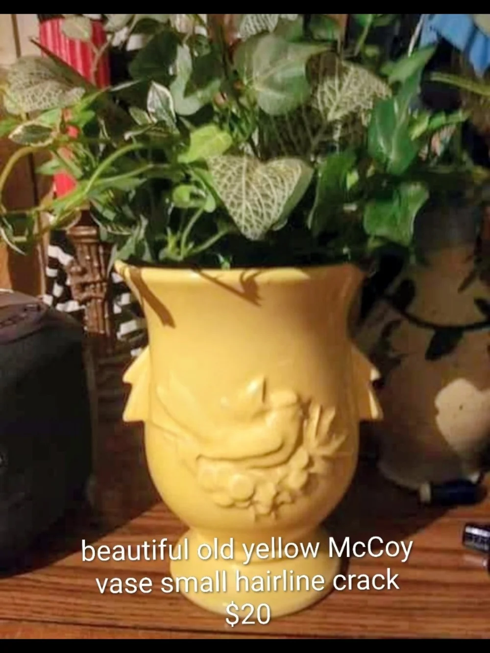 Mccoy Yellow Ceramic Vase with Embossed Bird Motif